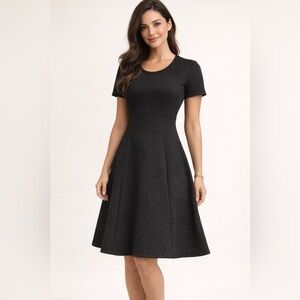 Textured Quilted Fit & Flare Dress Womens Sz L Black Midi Minimalist USA Made